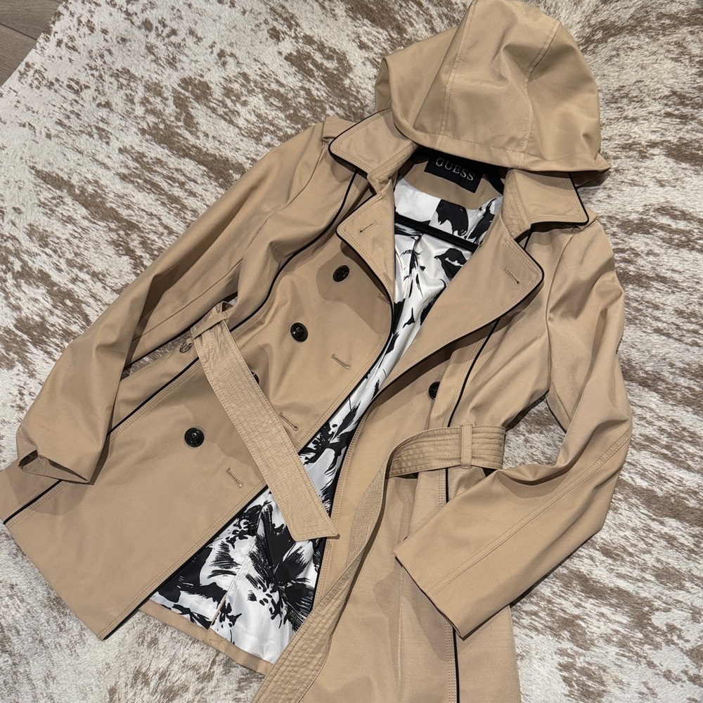 GUESS Women's Beige Trench Coat with Black Trim